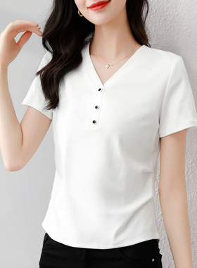 v领白色短袖t恤女2026新款夏季爆款高端女装收腰显瘦上衣半袖体恤