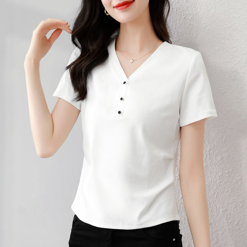 收腰显瘦上衣纯棉v领短袖t恤女