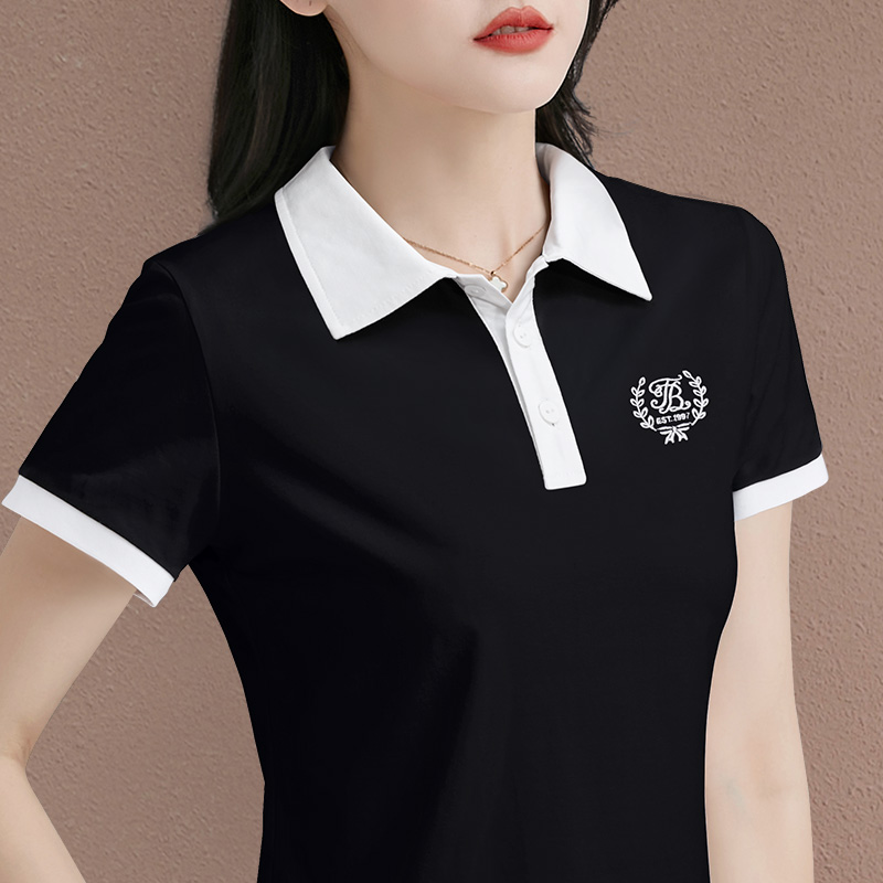 黑色polo领短袖t恤女2024年新款夏季薄款上衣半袖短款翻领体恤衫