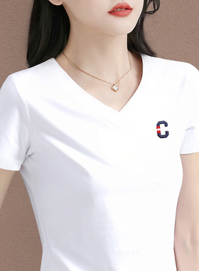 v领白色短袖t恤女2025新款夏季高端女装爆款上衣洋气半袖显瘦体恤