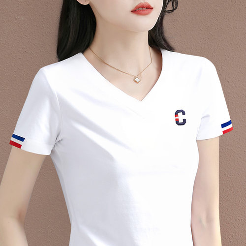 纯棉v领白色短袖t恤女