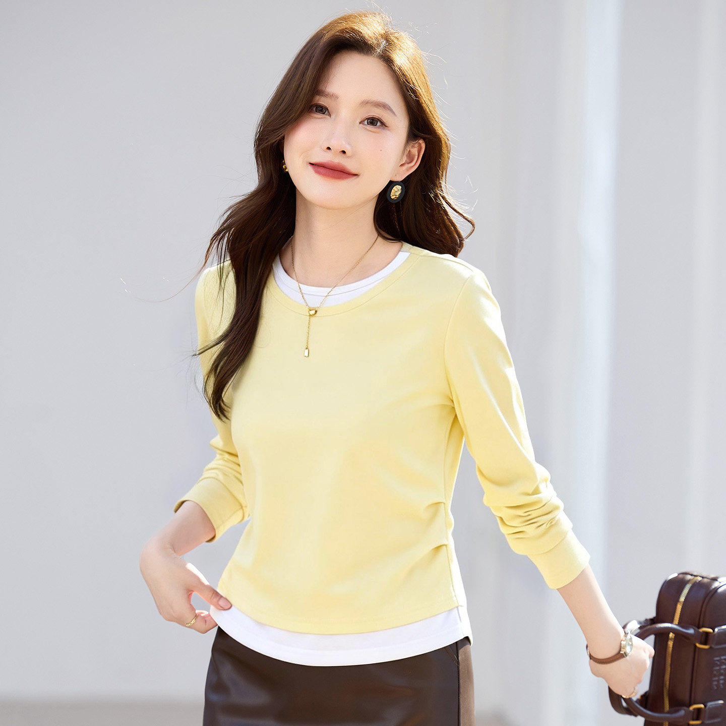 假两件长袖t恤女2026新款春秋修身气质内搭可外穿洋气打底衫上衣
