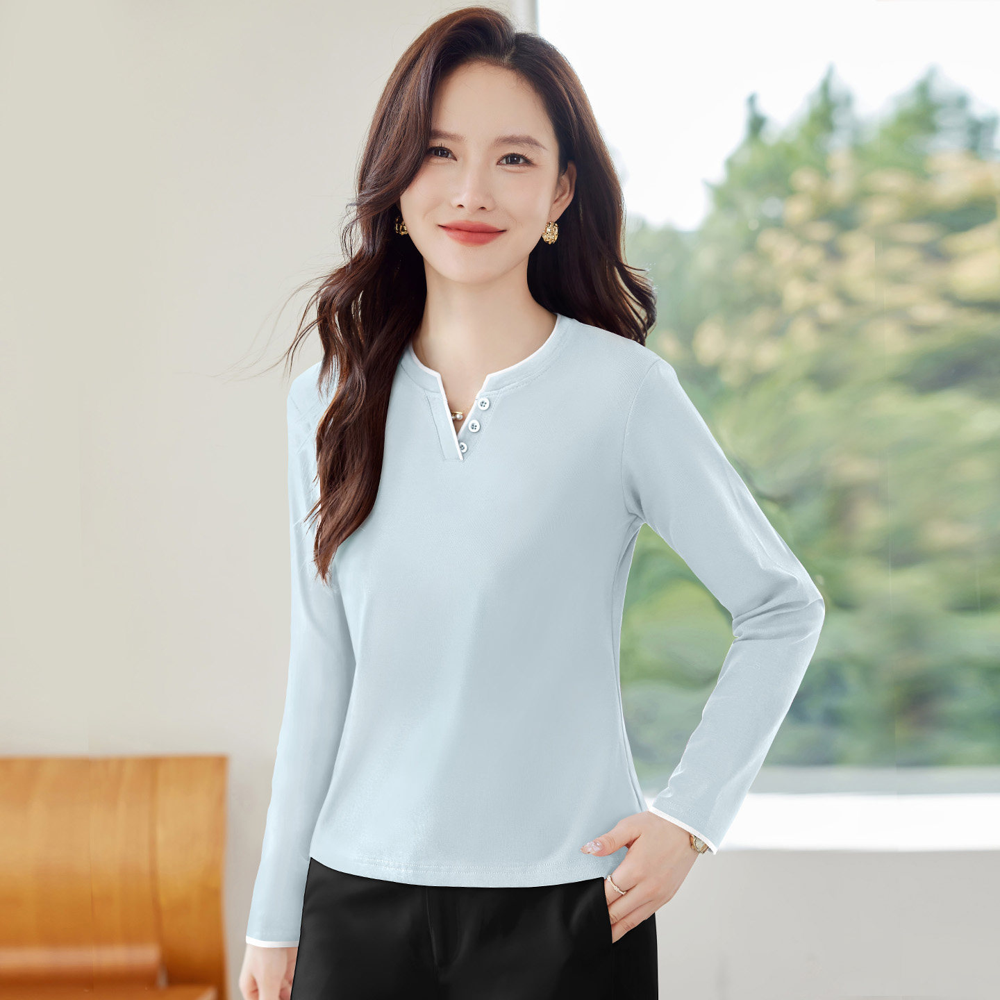 v领长袖t恤女2026新款春秋爆款女装蓝色上衣洋气单穿内搭打底衫薄