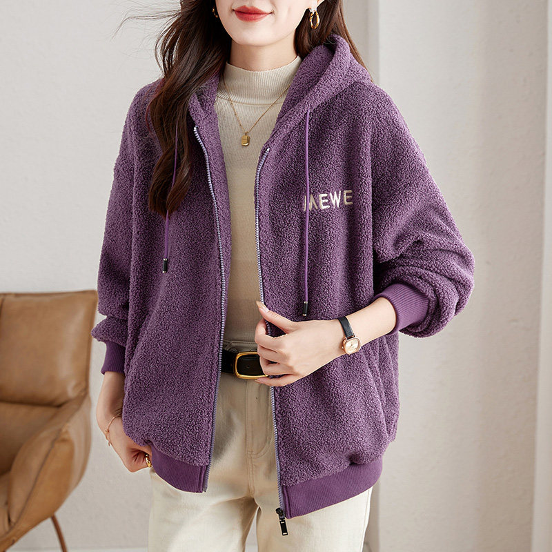 连帽国风卫衣女加绒加厚2025新款秋冬爆款开衫紫色上衣羊羔绒外套