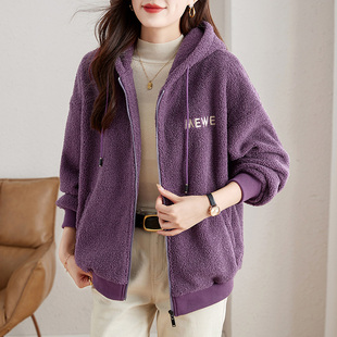 连帽国风卫衣女加绒加厚2025新款秋冬爆款开衫紫色上衣羊羔绒外套
