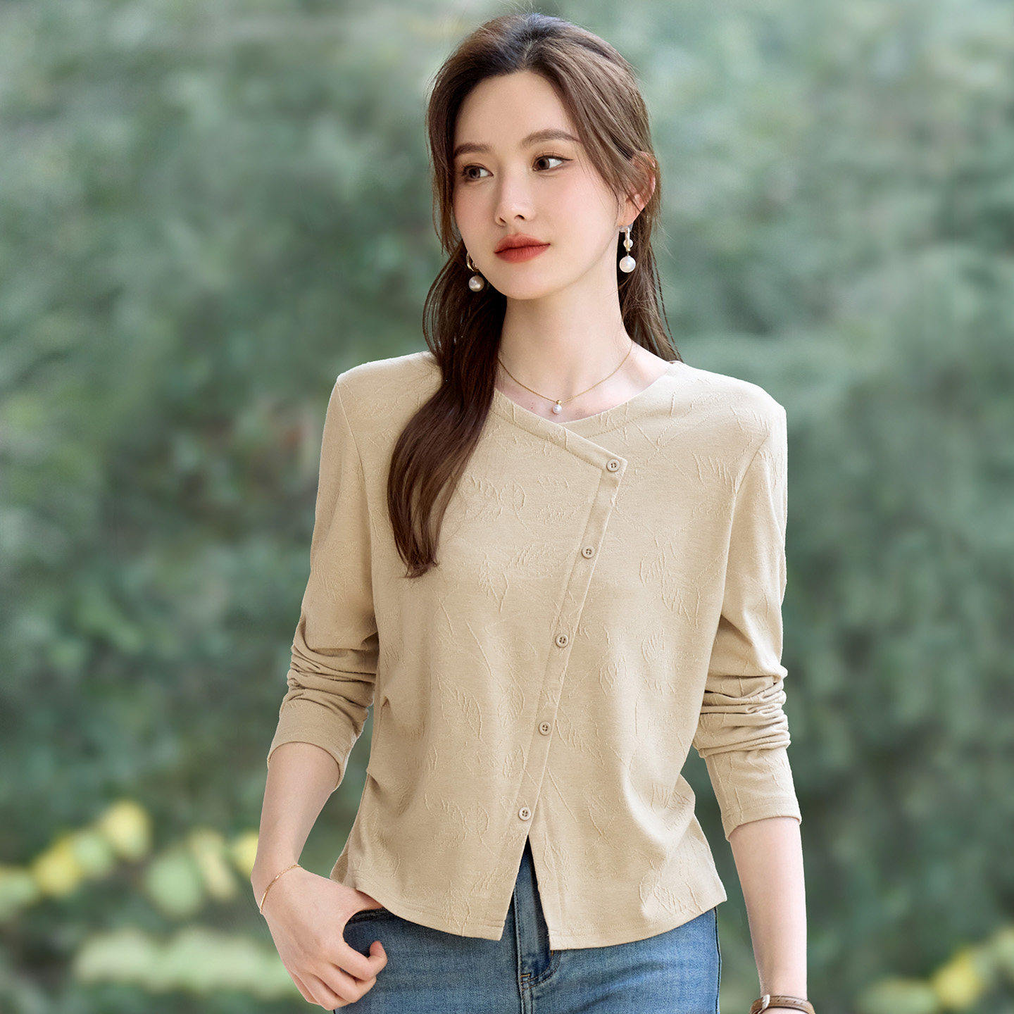 春秋长袖t恤女内搭可外穿打底衫2026新款高级感正肩显瘦褶皱上衣