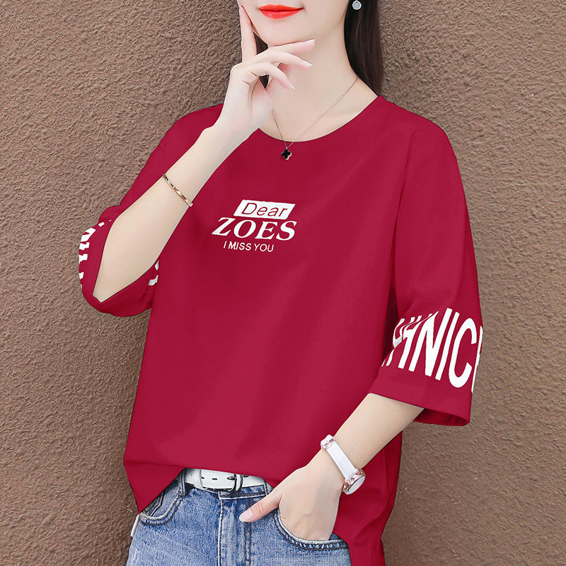 红色七分袖t恤女中袖上衣2024新款夏季薄款女装半袖宽松短袖体恤