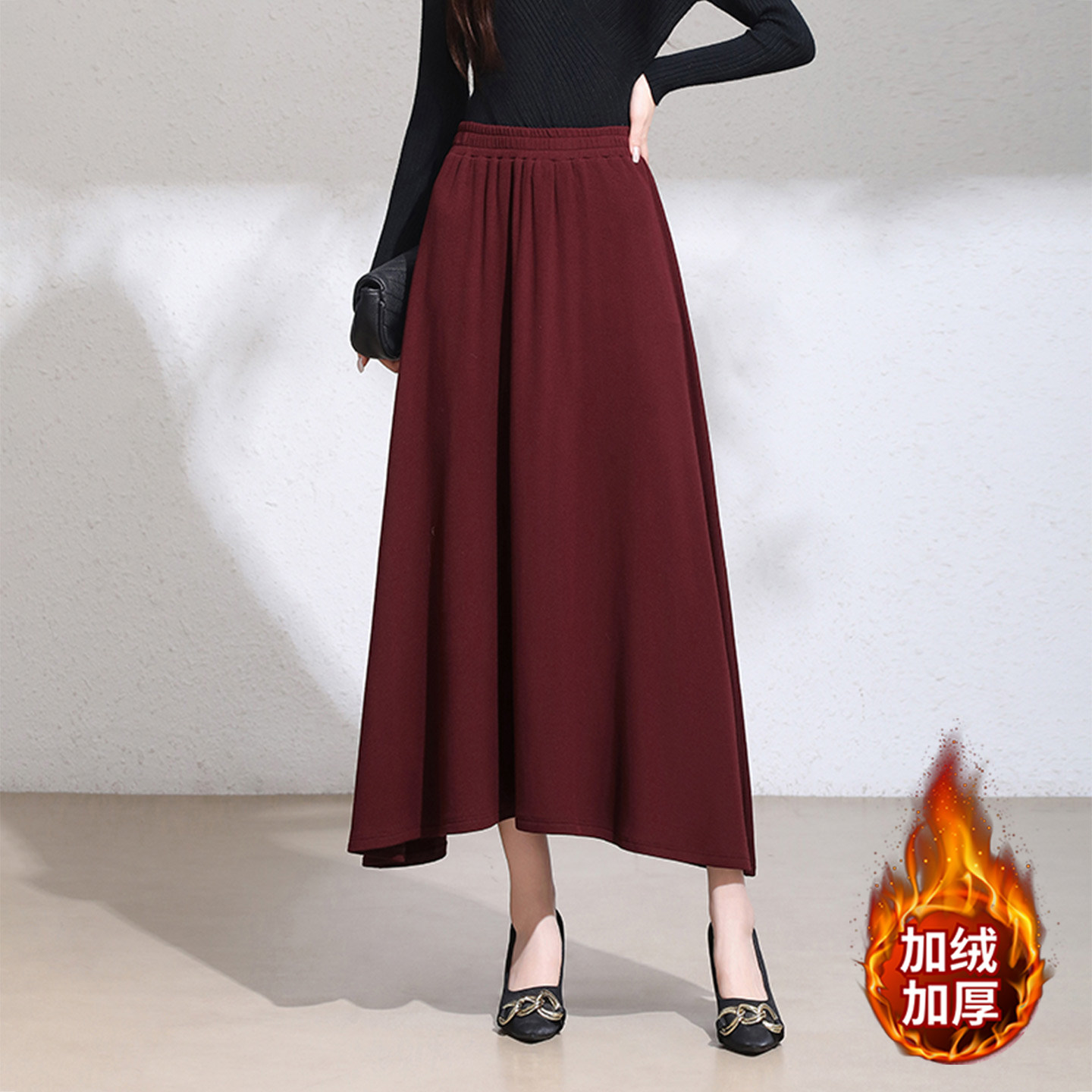 松紧腰加绒加厚半身裙女冬季2025新款中长款红色高腰a字气质裙子