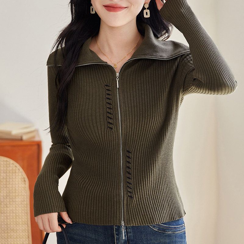 拉链开衫毛针织衫女2024年新款秋季女装时尚洋气上衣有领薄款外套