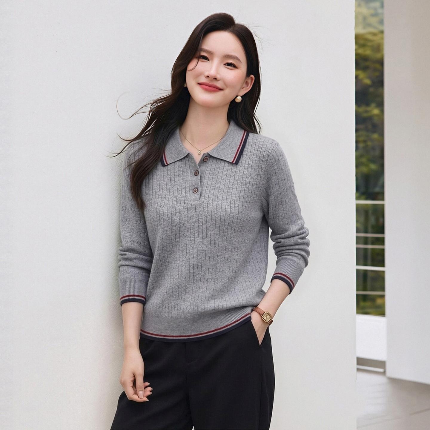 撞色polo领针织衫女正肩翻领上衣
