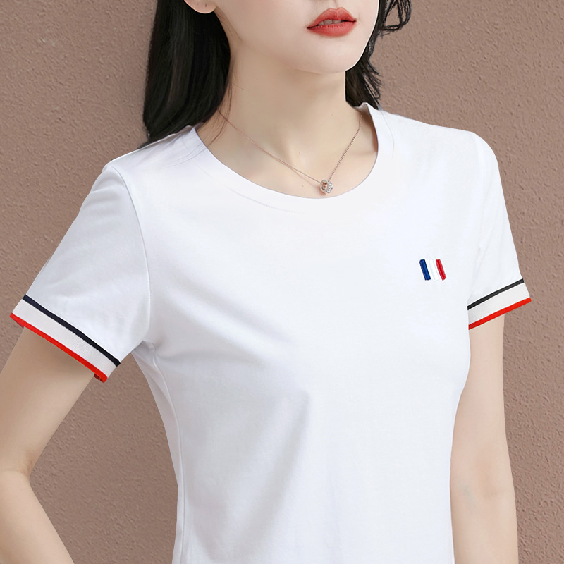 时尚白色短袖t恤女2024年新款夏季大码女装正肩上衣修身半袖体恤