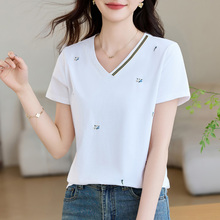 v领白色短袖t恤女2025新款夏季爆款女装正肩上衣洋气显瘦半袖体恤