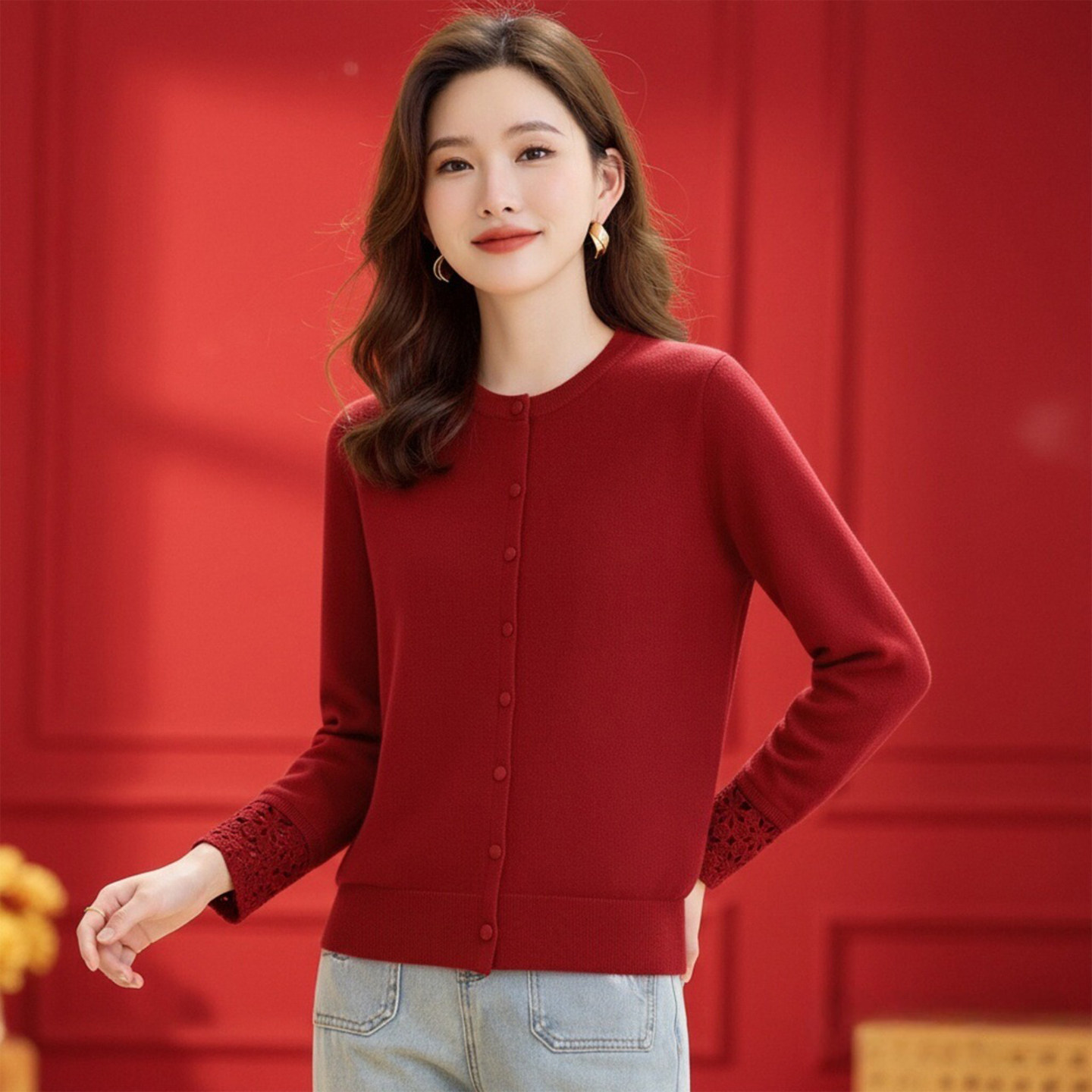新年红色针织衫毛衣女2026新款本命年爆款春秋季洋气减龄开衫上衣