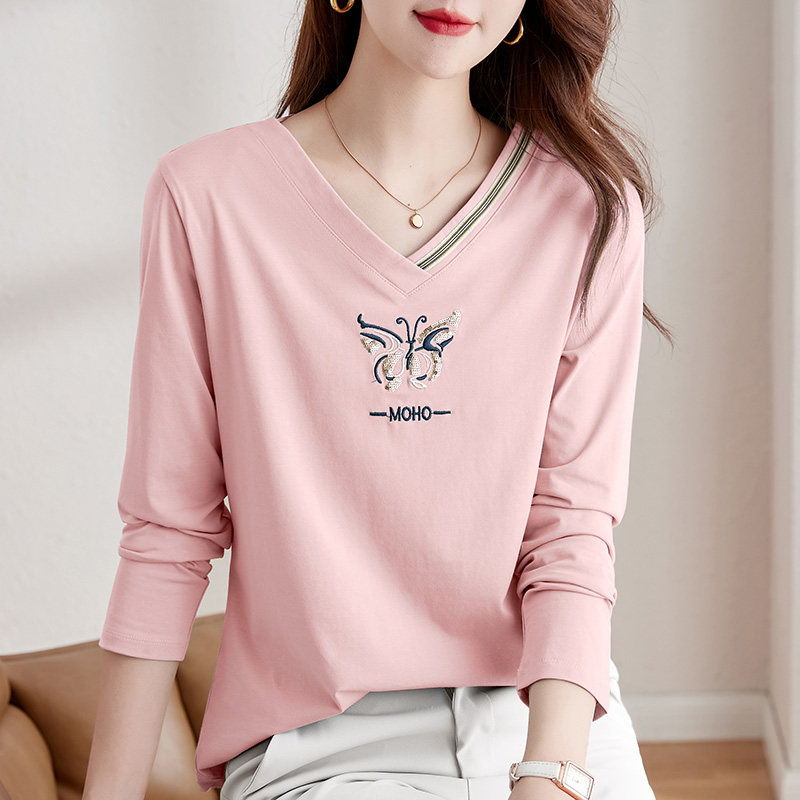 v领长袖t恤女2026年新款春季薄款粉色上衣春秋洋气减龄内搭打底衫