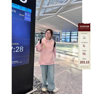 老章和小胖PONGKIKI粉奶油卫衣女大码连帽上衣秋胖mm显瘦套头外套