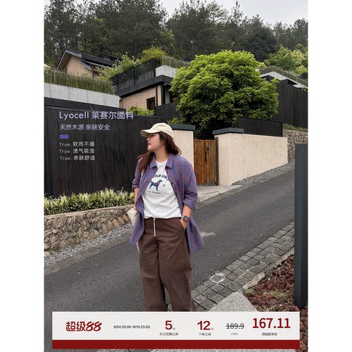 老章和小胖PONGKIKI大码女巨时髦莱赛尔格子廓形衬衣胖mm休闲衬衫