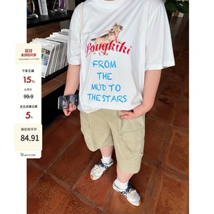 老章和小胖PONGKIKI丝带小狗T恤女大码 卡通印花上衣体恤 纯棉夏季