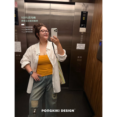 老章和小胖PONGKIKI匹马棉高低领设计感衬衫大码女胖mm夏薄款上衣