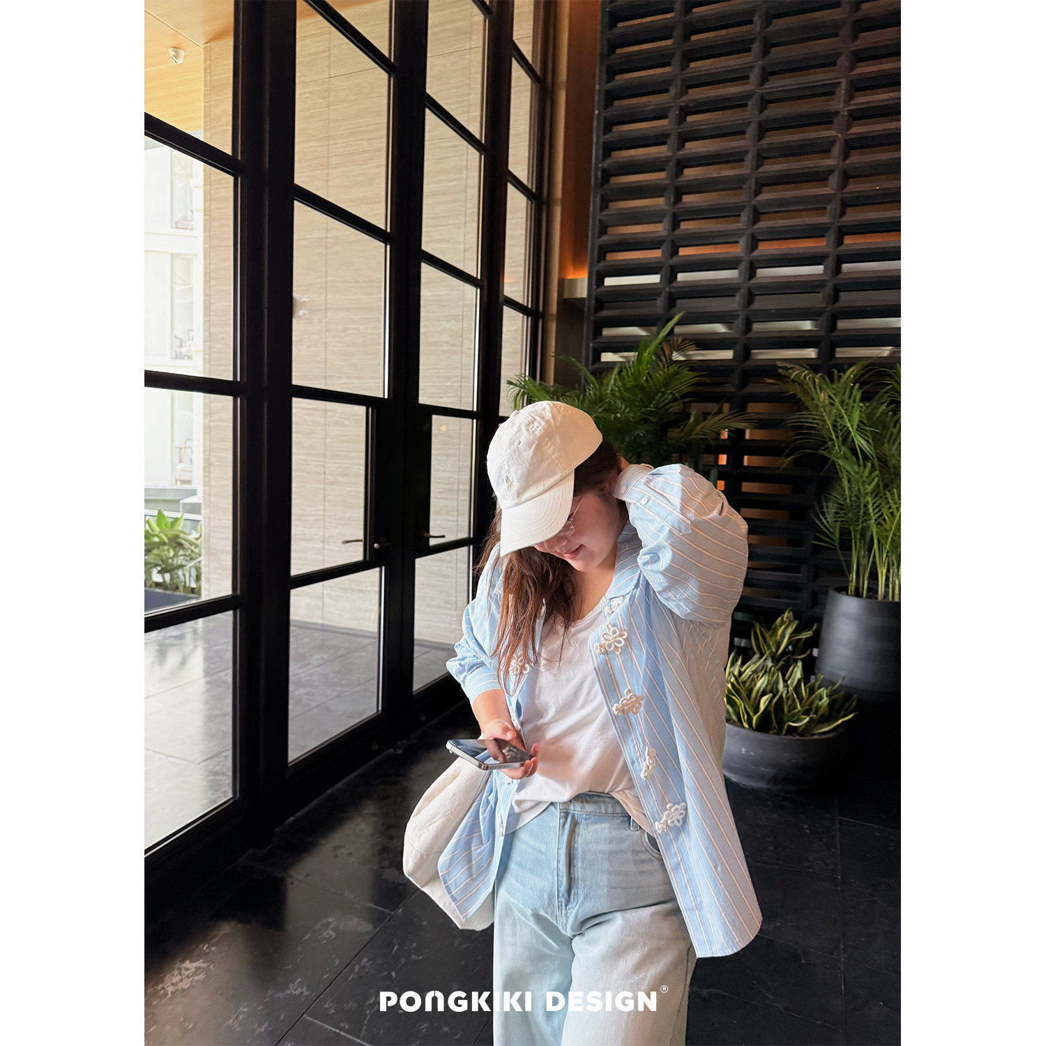 老章和小胖PONGKIKI大码女装新中式盘扣条纹衬衫胖mm蓝色长袖衬衫