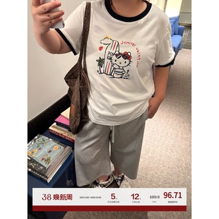 老章和小胖PONGKIKI冲浪小猫撞色T恤女印花圆领短袖女大码胖mm