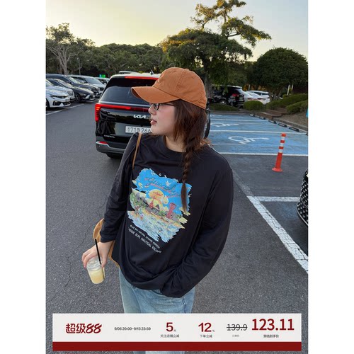 老章和小胖PONGKIKI落日海边美式长袖T恤大码胖mm秋装印花宽松女T