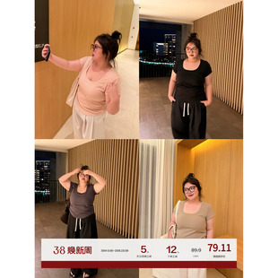 老章和小胖PONGKIKI抗菌运动大U领T恤女大码宽松显瘦夏季体恤上衣