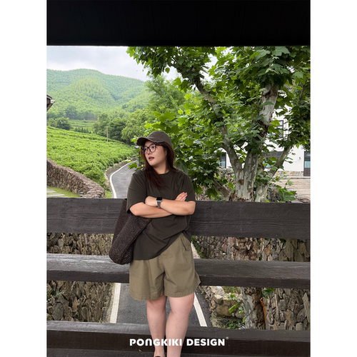 老章和小胖PONGKIKI野生卡其绿牛短!大码水洗胖m休闲热裤牛仔短裤