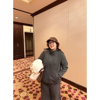 老章和小胖PONGKIKI深灰细条纹韩系慵懒套装女大码时尚保暖两件套