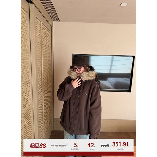 老章和小胖PONGKIKI焦糖美式咖大毛领卫衣外套女大码加绒宽松夹克