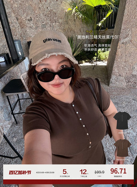 老章和小胖PONGKIKI大码女兰精莫代尔亨利衫胖mm短袖修身上衣T恤