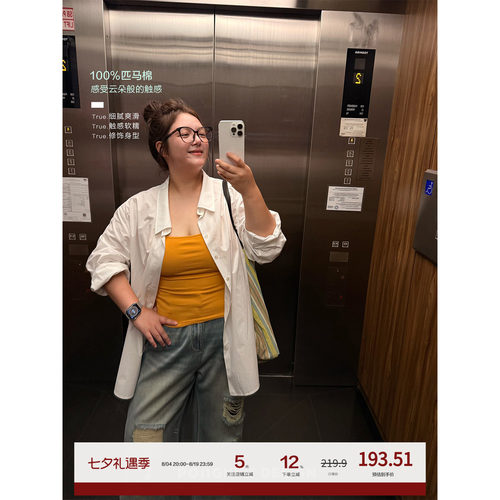 老章和小胖PONGKIKI匹马棉高低领设计感衬衫大码女胖mm夏薄款上衣