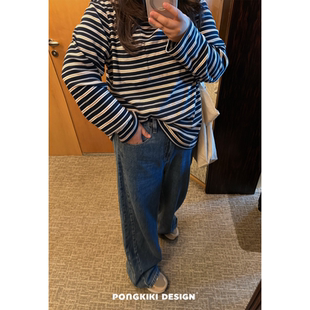老章和小胖PONGKIKI深海蓝调直筒牛仔裤女大码百搭宽松显瘦休闲裤