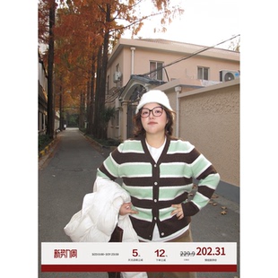 冬 显瘦遮肉针织衫 老章和小胖PONGKIKI苹果奶咖条纹羊毛开衫 女大码