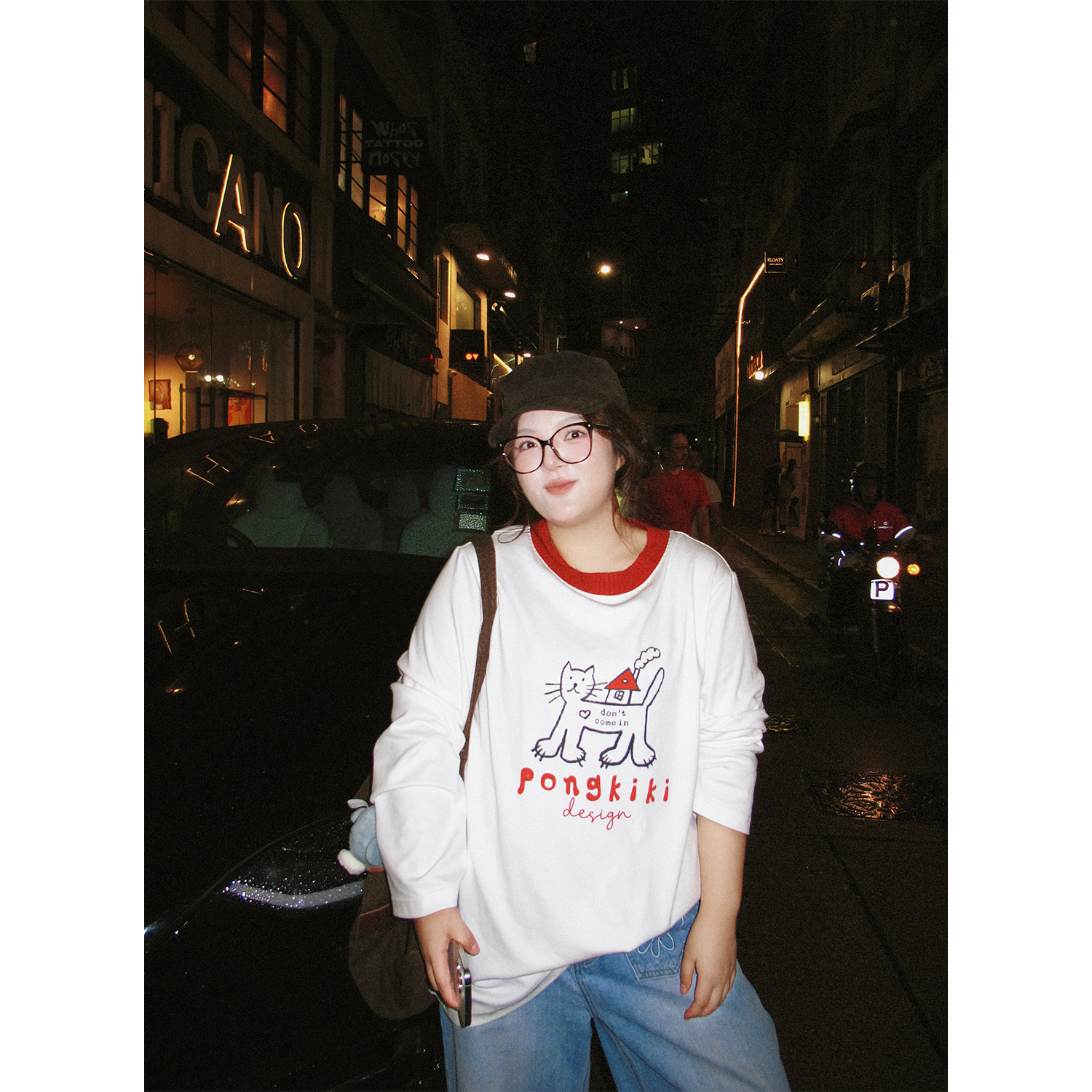 老章和小胖PONGKIKI小红领猫猫T秋季打底衫内搭韩系独特薄款上衣