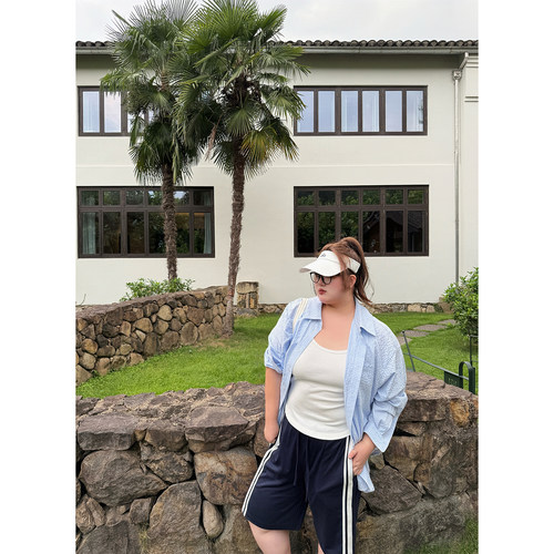 老章和小胖PONGKIKI撞色美式休闲中裤慵懒风小个子胖mm显瘦休闲