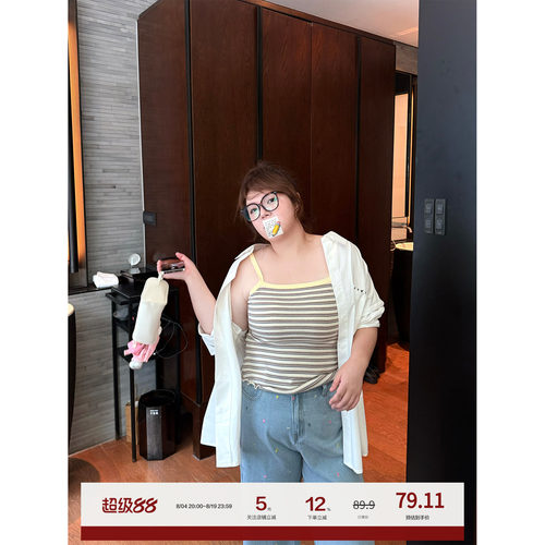 老章和小胖PONGKIKI复古少女吊带女大码夏季条纹宽松显瘦针织背心