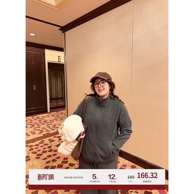 老章和小胖PONGKIKI深灰细条纹韩系慵懒套装女大码时尚保暖两件套