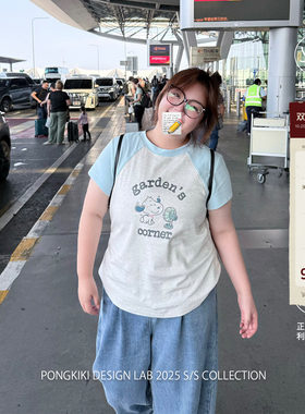 老章和小胖PONGKIKI史努比印花T恤女大码冰感宽松撞色体恤上衣夏