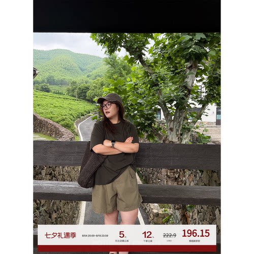 老章和小胖PONGKIKI野生卡其绿牛短!大码水洗胖m休闲热裤牛仔短裤