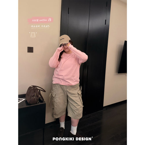 老章和小胖PONGKIKI甜酷蝴蝶结工装中裤大码胖mm女秋季休闲五分裤