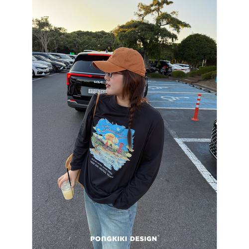 老章和小胖PONGKIKI落日海边美式长袖T恤大码胖mm秋装印花宽松女T
