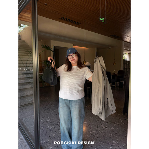 老章和小胖PONGKIKI复古bi入做旧脏脏裤大码胖mm宽松直筒女牛仔裤