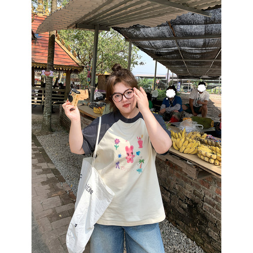 老章和小胖PONGKIKI多巴胺撞色插肩T恤女大码印花凉感速干体恤夏