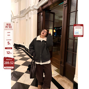 老章和小胖PONGKIKI羊羔毛夹克外套女大码加绒加厚保暖翻领开衫冬