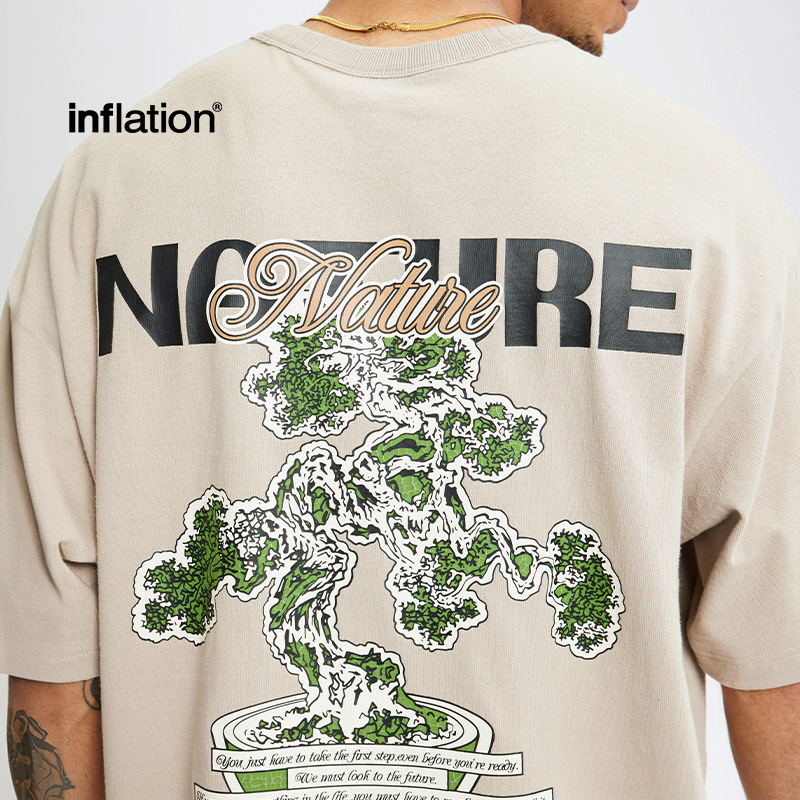 250G复古绿植裂纹印花T恤春夏美式复古街头ins重磅休闲百搭短袖男