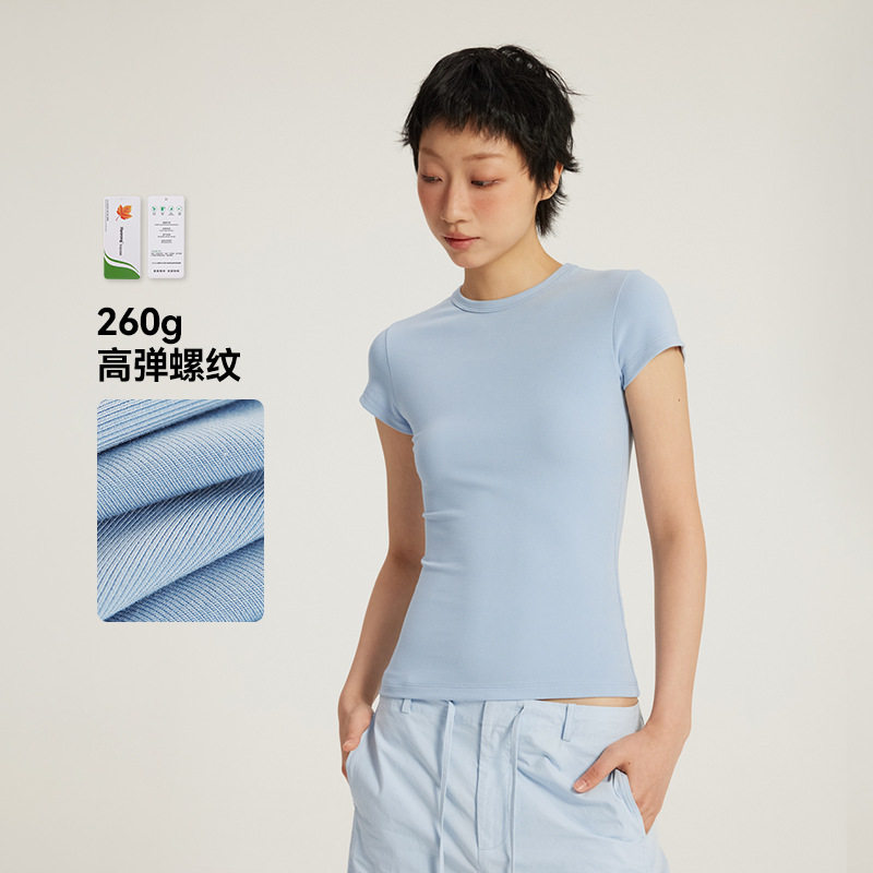 春夏新品圆领正肩修身T恤ins美式辣妹收腰显瘦运动亲肤打底短袖女