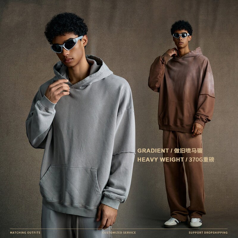 美式高街重磅oversize做旧帽衫上衣秋冬款渐变色假两件连帽卫衣男