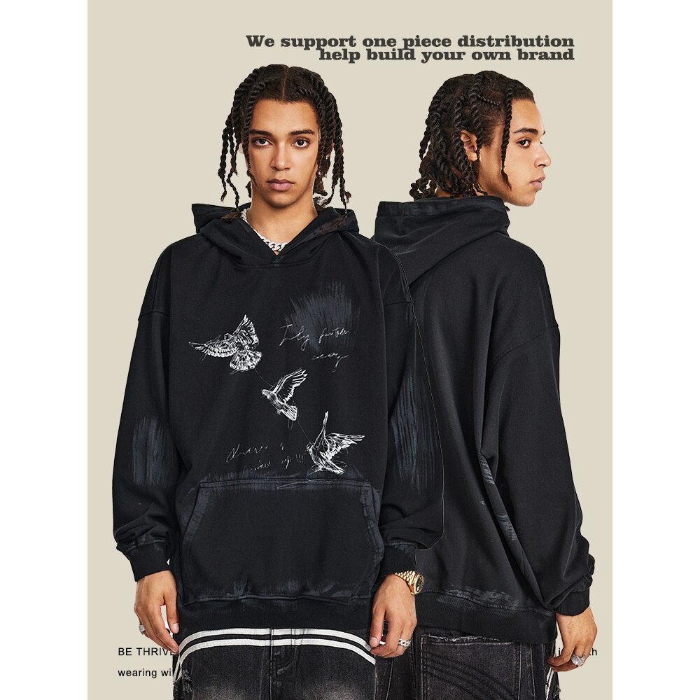 美式潮牌手绘涂鸦印花连帽卫衣秋冬重磅hoodie宽松基础款男式帽衫