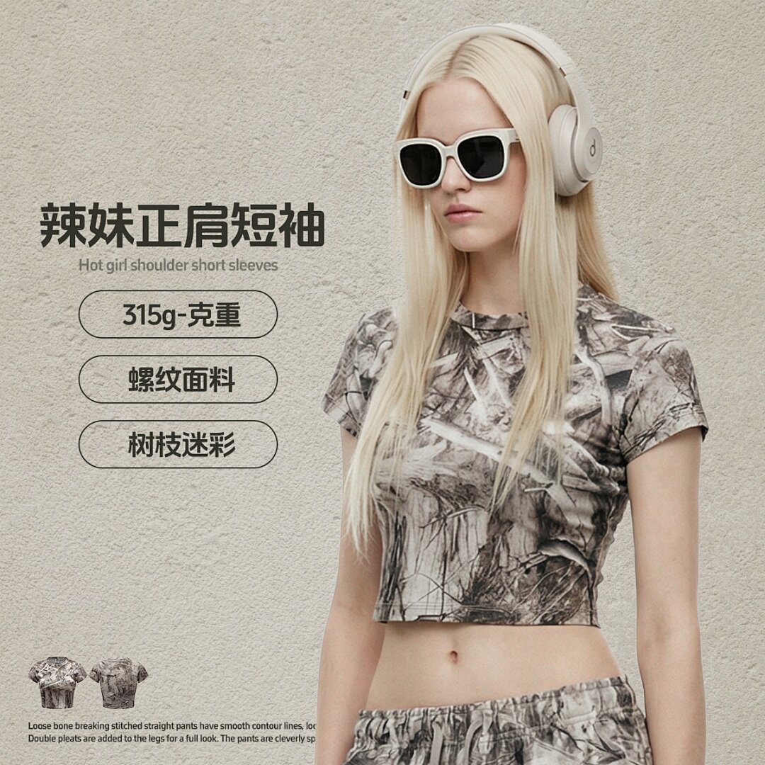 春夏欧美潮牌辣妹短款正肩迷彩背心户外休闲运动外穿上衣t恤女ins