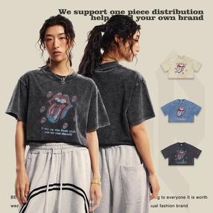 美式 春夏新品 t恤街头甜辣摇滚短袖 女装 辣妹运动体恤 露脐宽松短款